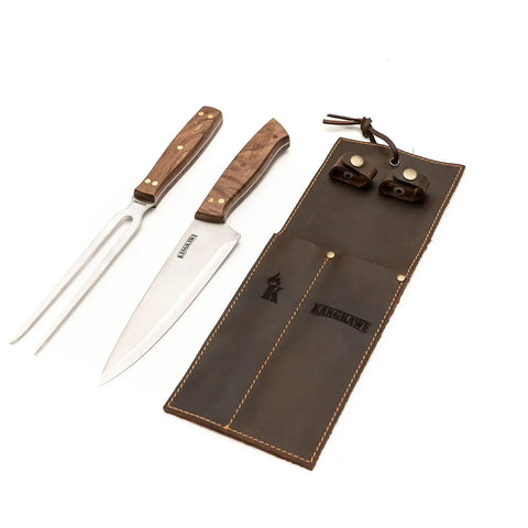 Set Parrillero Tenedor + Cuchillo Con Funda De Cuero Café