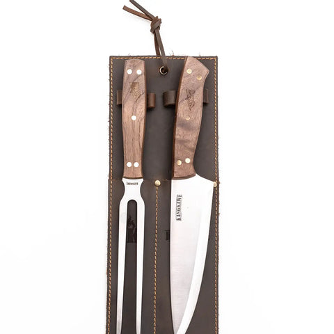 Set Parrillero Tenedor + Cuchillo Con Funda De Cuero Café - Mall del Parrillero