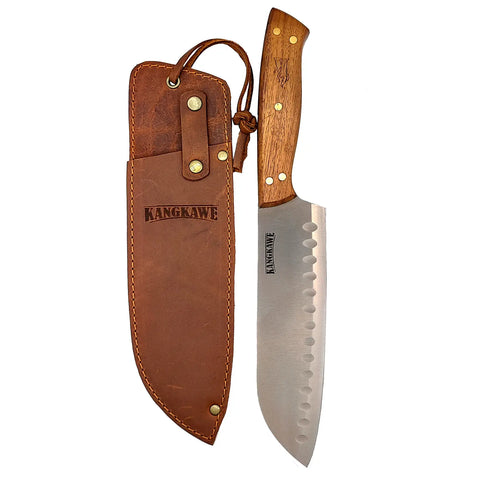 Cuchillo 7" Santoku Coñaripe Con Funda De Cuero Café