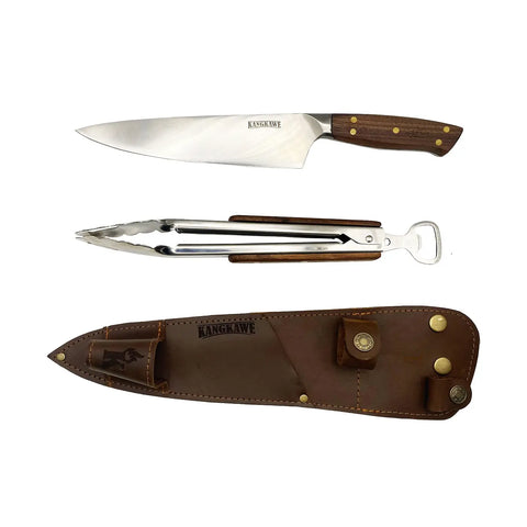 Set Cuchillo Parrillero Catemu + Tenaza Con Funda De Cuero Café