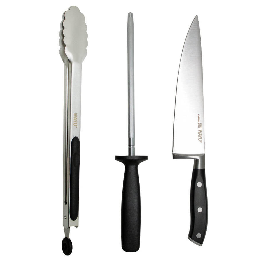 Set Parrillero cuchillo + tenaza + chaira + bolso
