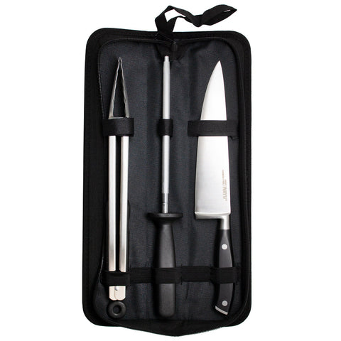 Set Parrillero cuchillo + tenaza + chaira + bolso