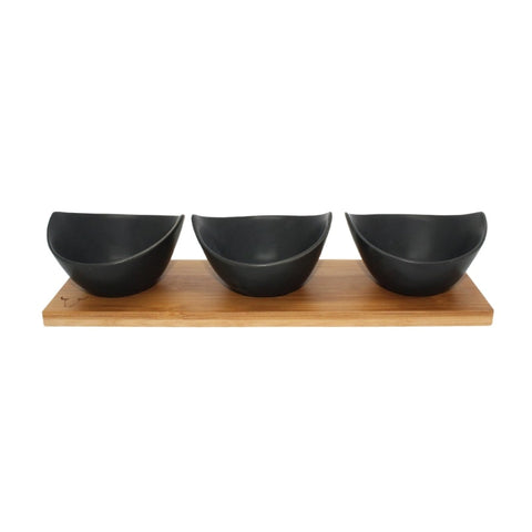 Set de 3 Bowls de Cerámica con Bandeja de Bamboo - Mall del Parrillero